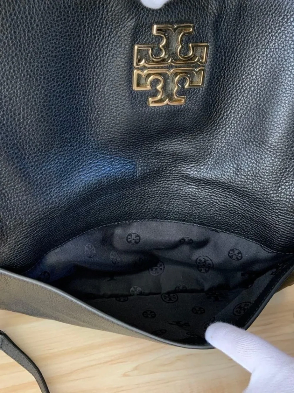 Tory Burch Britten Black Leather Fold Over Messenger Crossbody